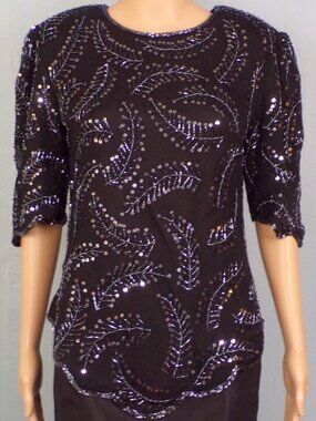 SILK! ELEGANCE BY ANUJAN size XS black half-sleeve blouse 100% silk outer